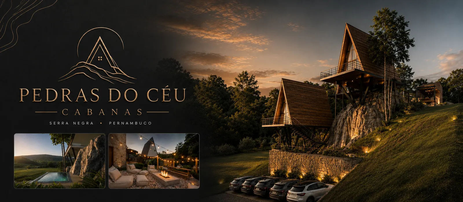 Banner do Pedras do Céu Cabanas na Serra Negra, em Bezerros, Pernambuco, com chalés de madeira sobre as pedras ao entardecer